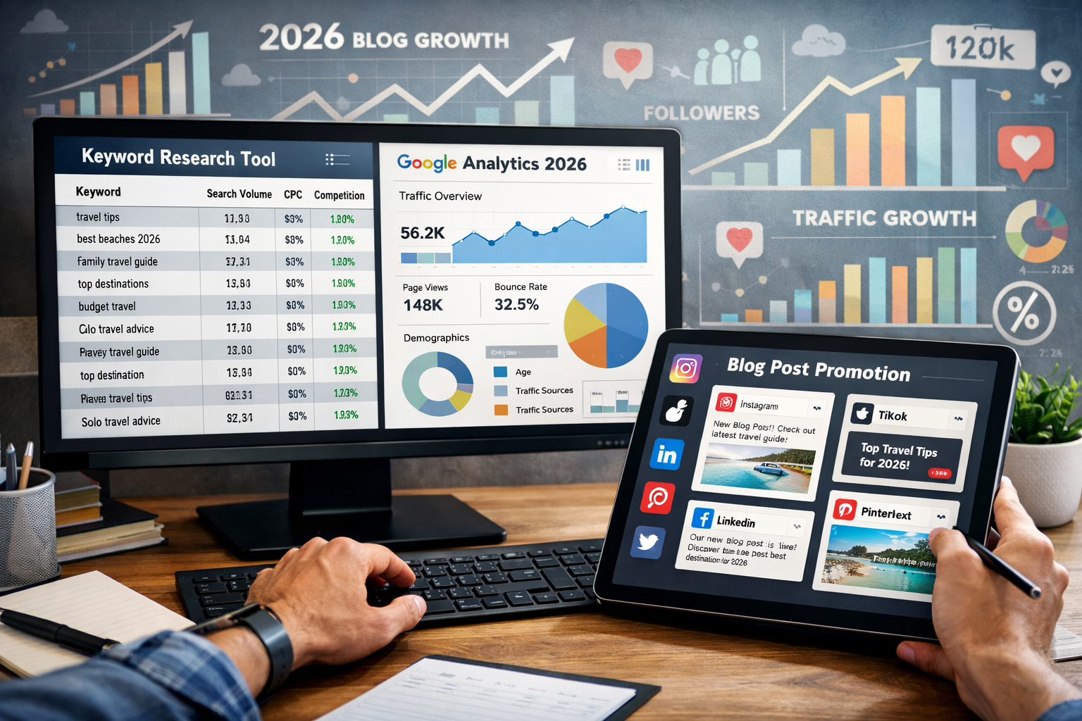 Landscape format (1536x1024) image showcasing a blog post being optimized for SEO and promotion. A person is actively using a keyword resear