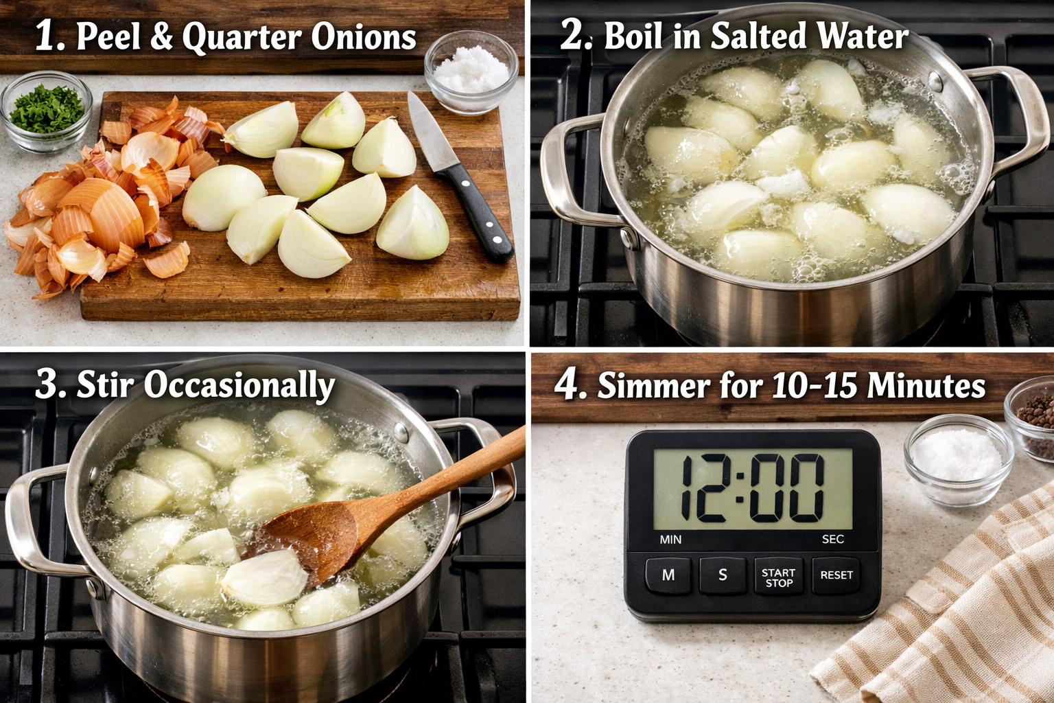 Landscape image (1536x1024) showing step-by-step onion boil recipe preparation with numbered overlay text. Fresh whole onions being peeled a