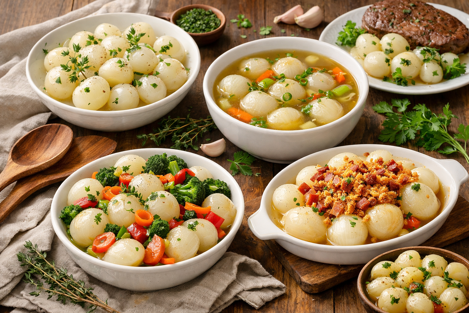 Landscape image (1536x1024) displaying creative serving suggestions for boiled onions with recipe variations. Multiple white bowls containin