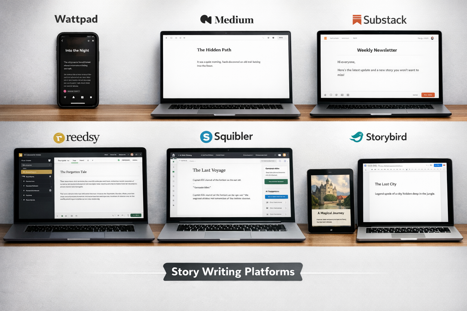 () detailed comparison infographic showing split-screen view of 7 different story writing platform interfaces side by side -