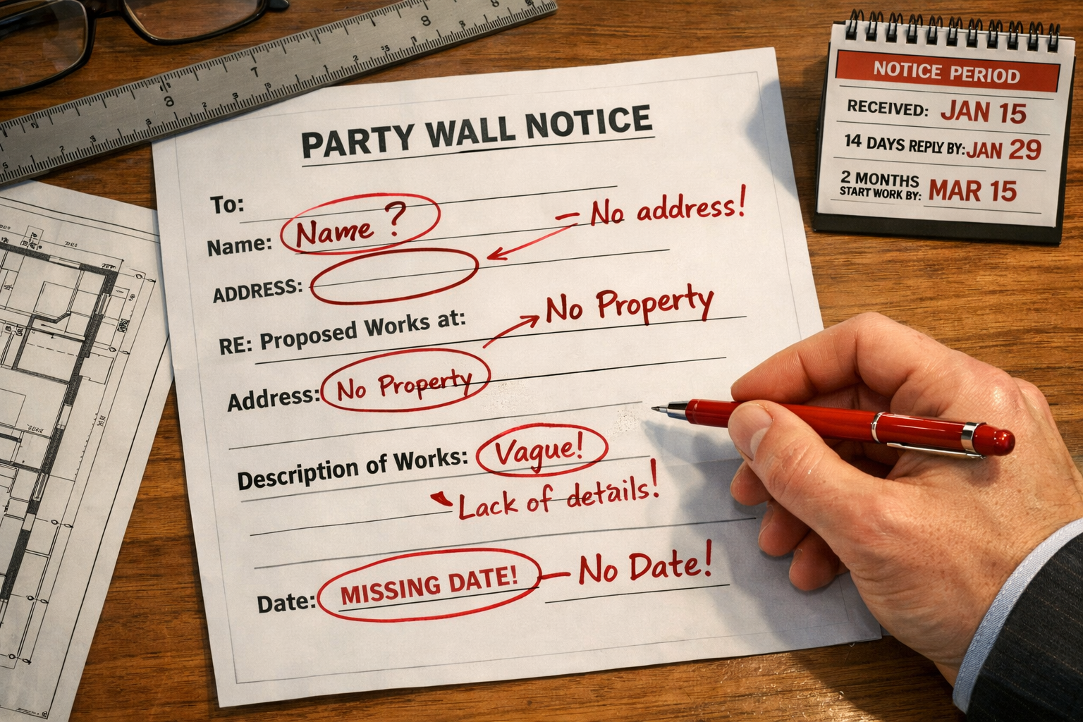 () editorial illustration showing a close-up overhead view of a party wall notice document spread on a wooden desk, with