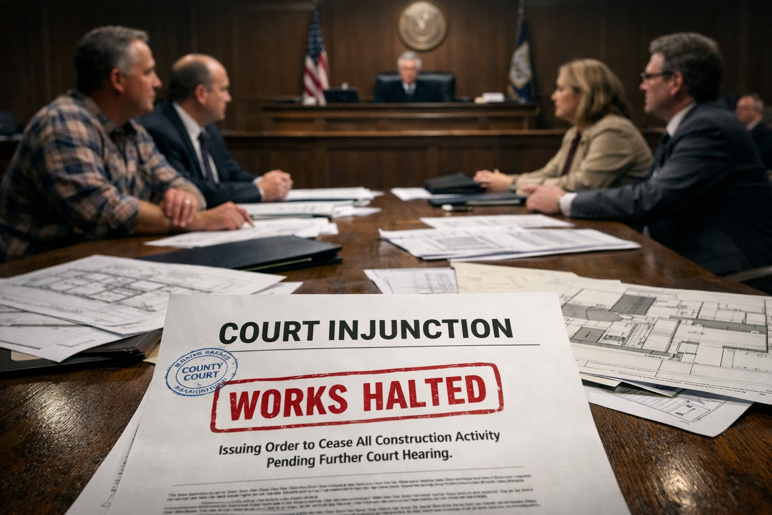 () dramatic wide-angle scene inside a County Court hearing room with two property owners and their legal representatives