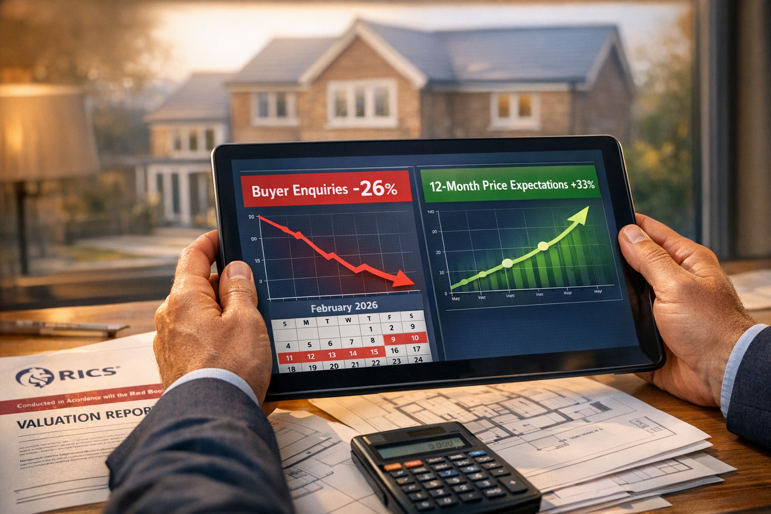 Detailed () image showing close-up of professional RICS surveyor's hands holding tablet displaying dual-screen property