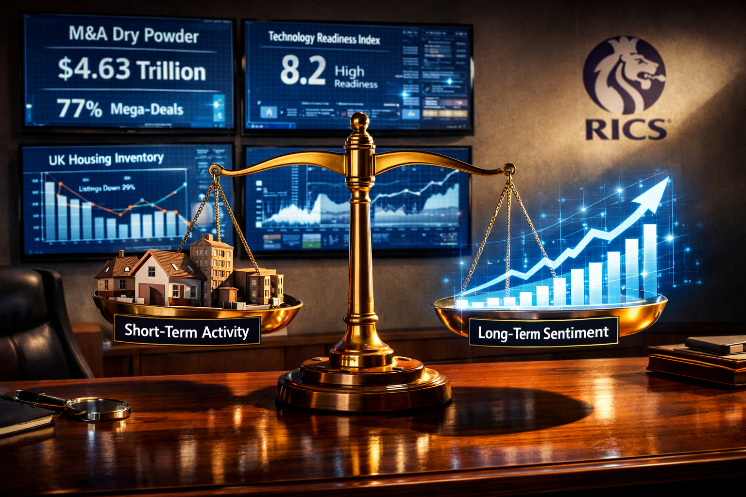 Wide-angle () conceptual illustration depicting market paradox through visual metaphor. Foreground shows large traditional