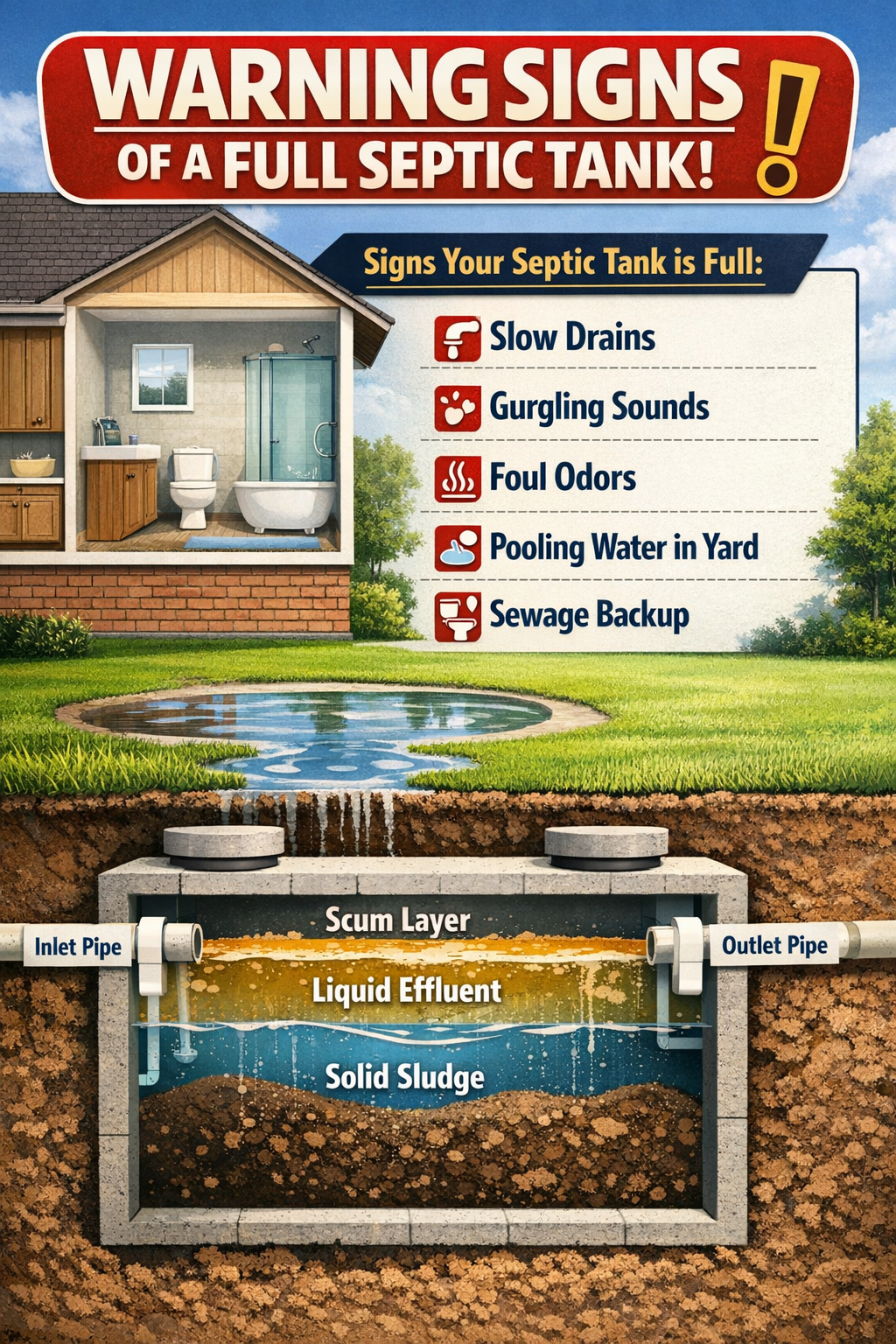Portrait format (1024x1536) infographic showing warning signs of full septic tank including slow drains, gurgling sounds, foul odors, poolin