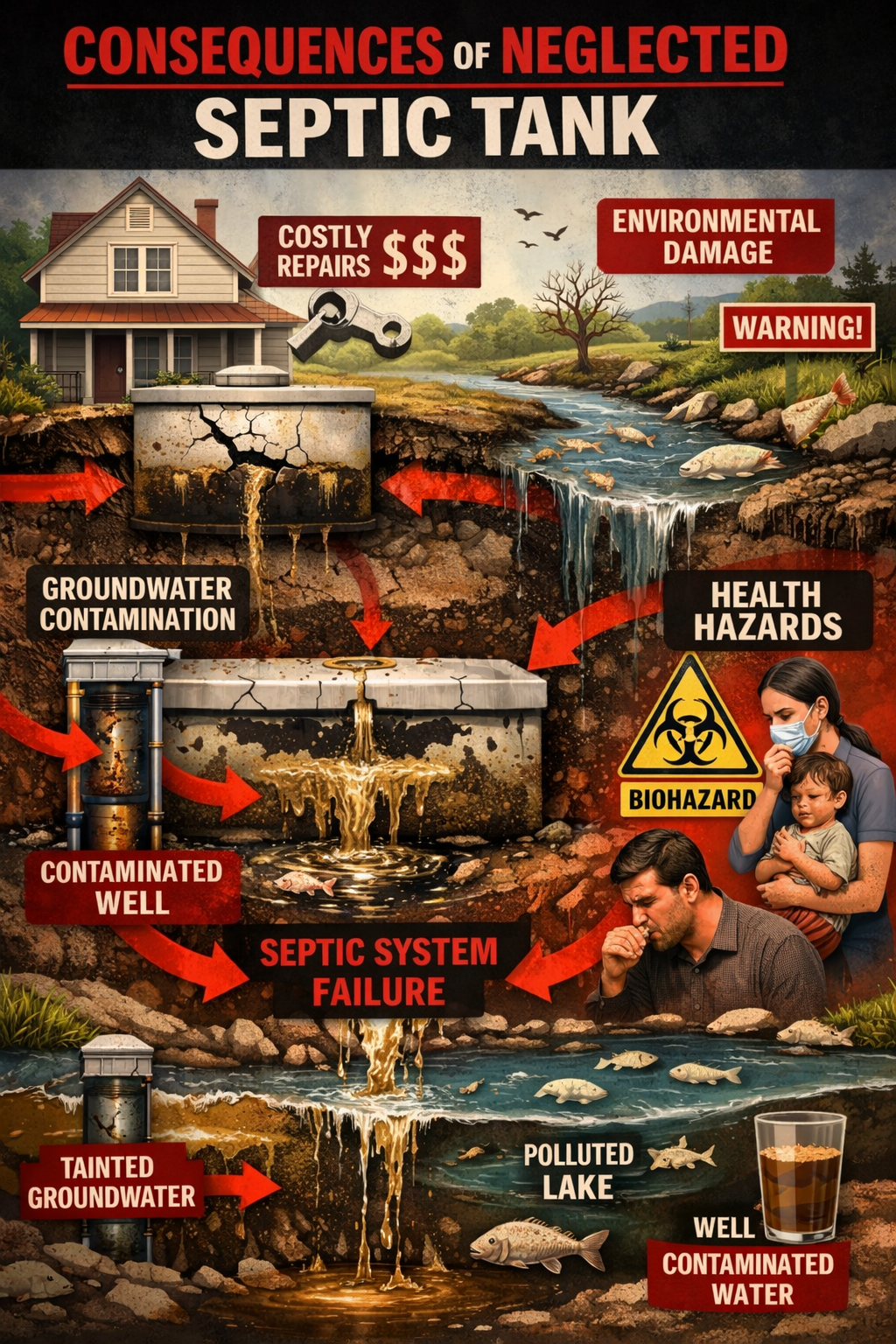Portrait format (1024x1536) detailed illustration showing consequences of neglected septic tank including groundwater contamination, environ