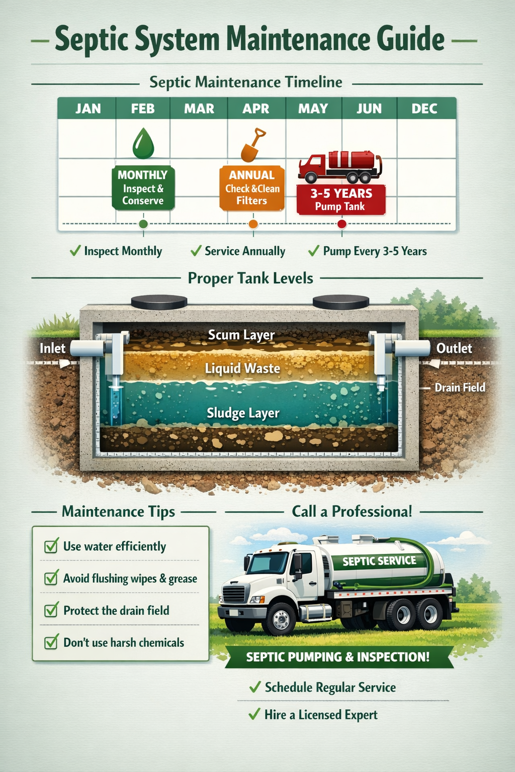 Portrait format (1024x1536) step-by-step prevention guide showing proper septic maintenance timeline, pumping schedule, and care tips. Visua