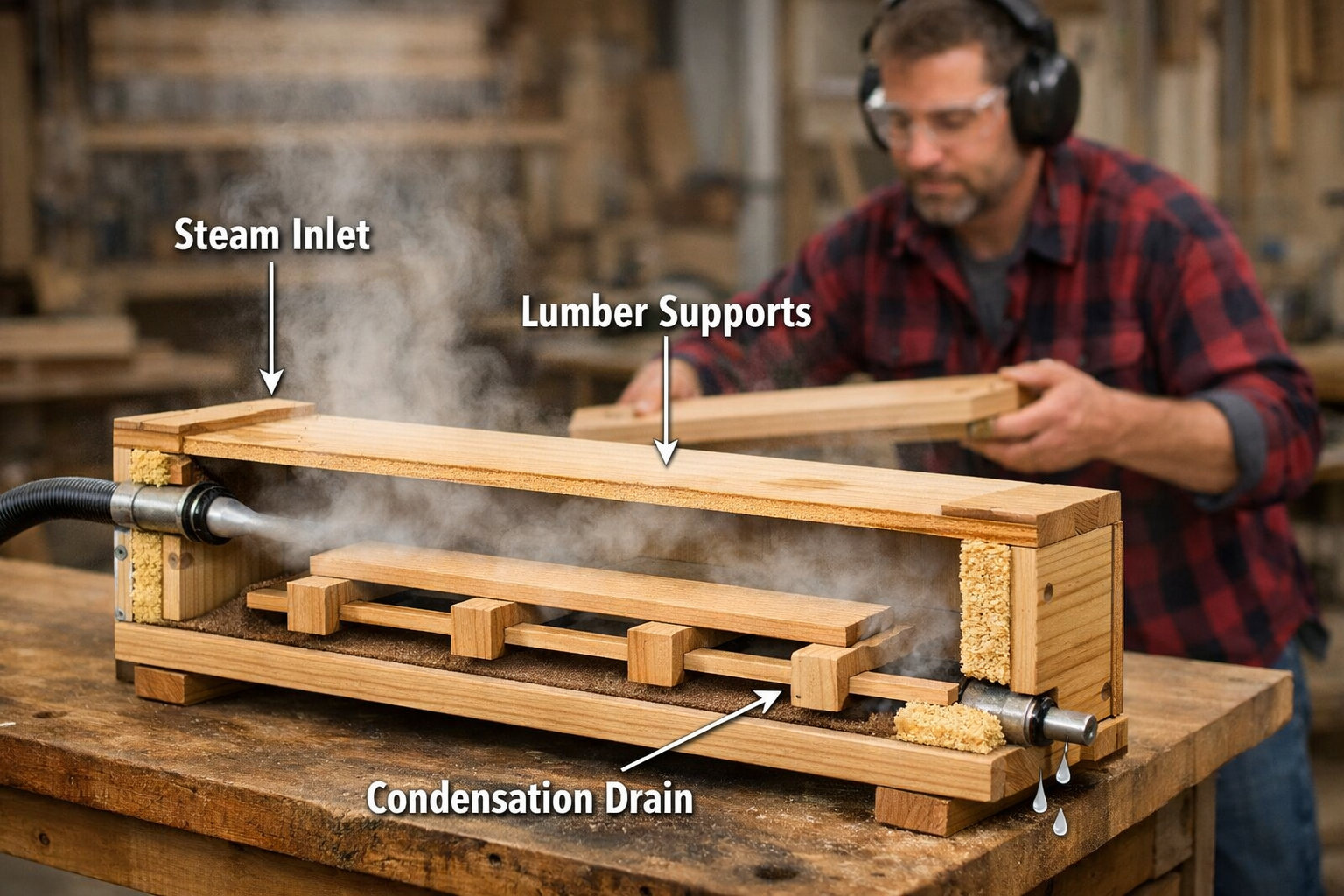 Detailed () image focusing on a cross-section diagram of a well-constructed wooden steam box, highlighting key components