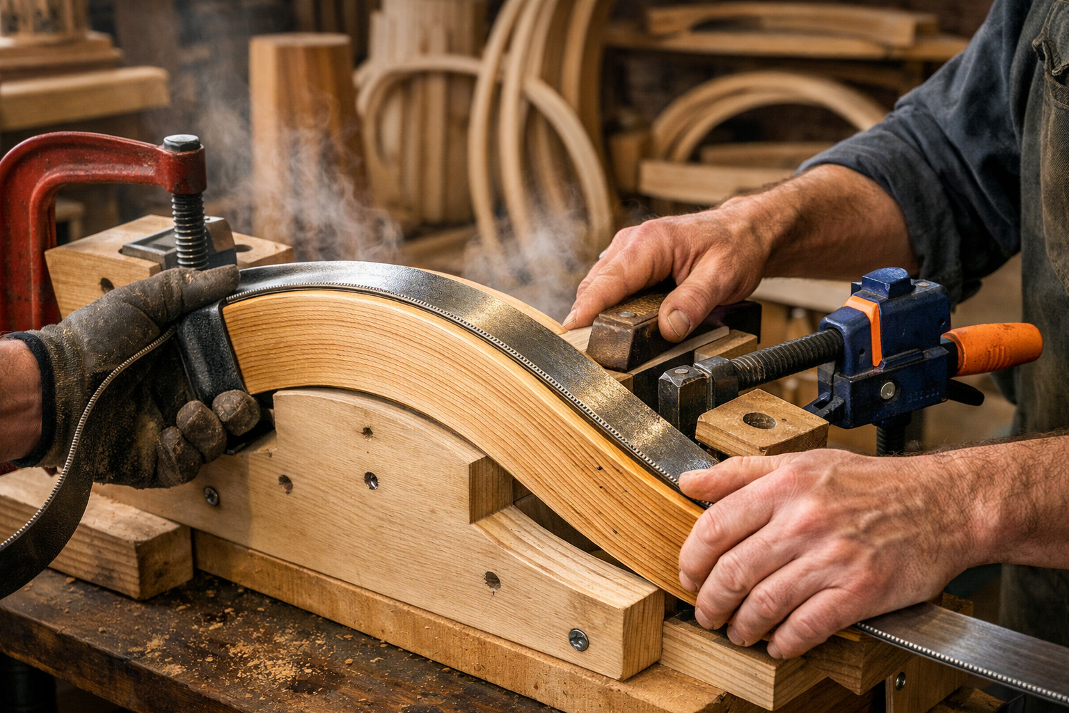 Detailed () image showing a close-up of a craftsman actively bending a piece of steamed wood around a custom-made bending