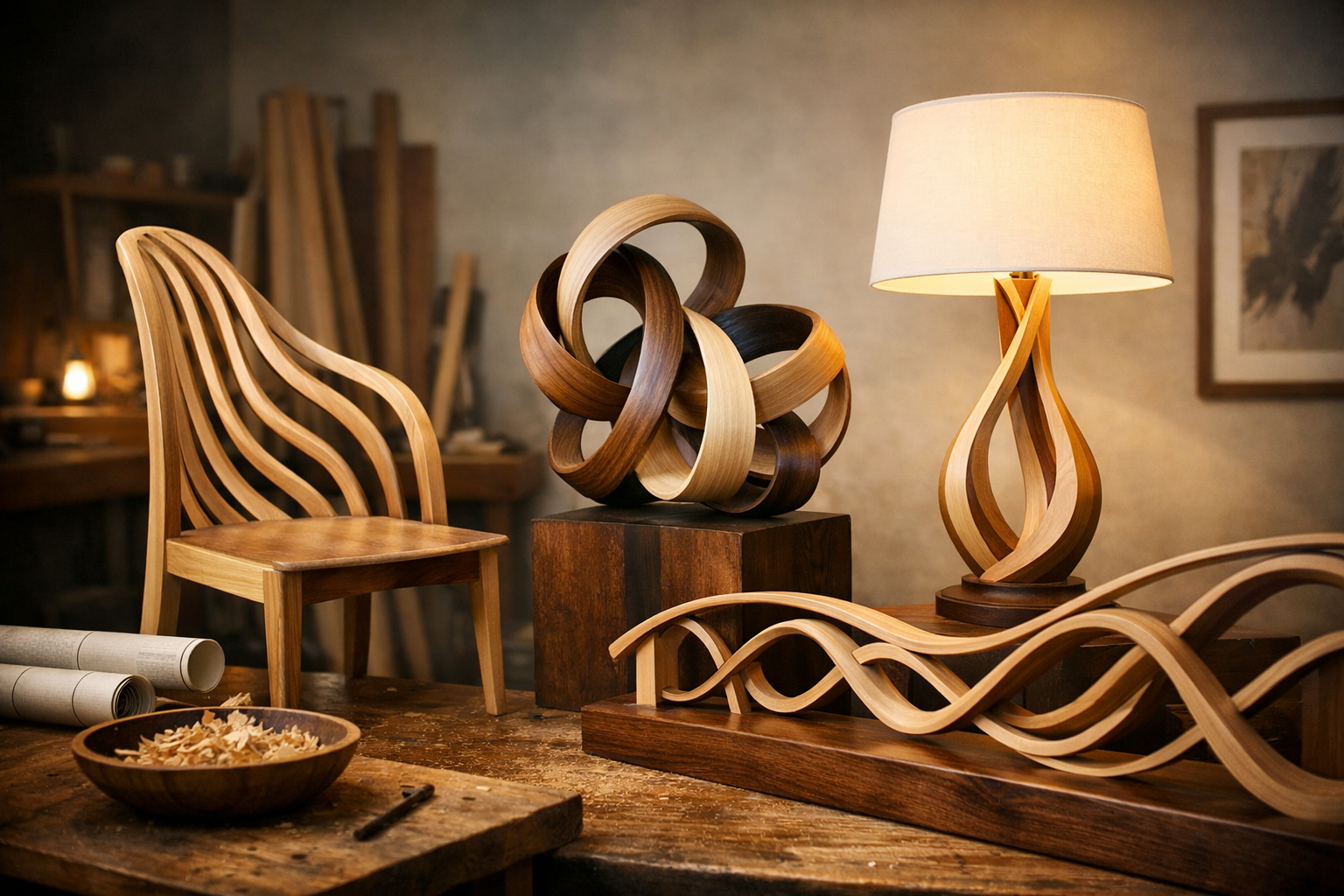 Detailed () image presenting a diverse collection of finished products created using steam-bent wood. Examples include a