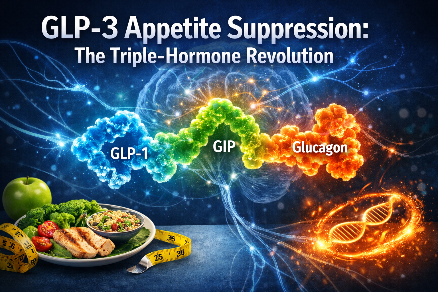 Professional landscape format (1536x1024) hero image featuring bold text overlay 'GLP-3 Appetite Suppression: The Triple-Hormone Revolution'