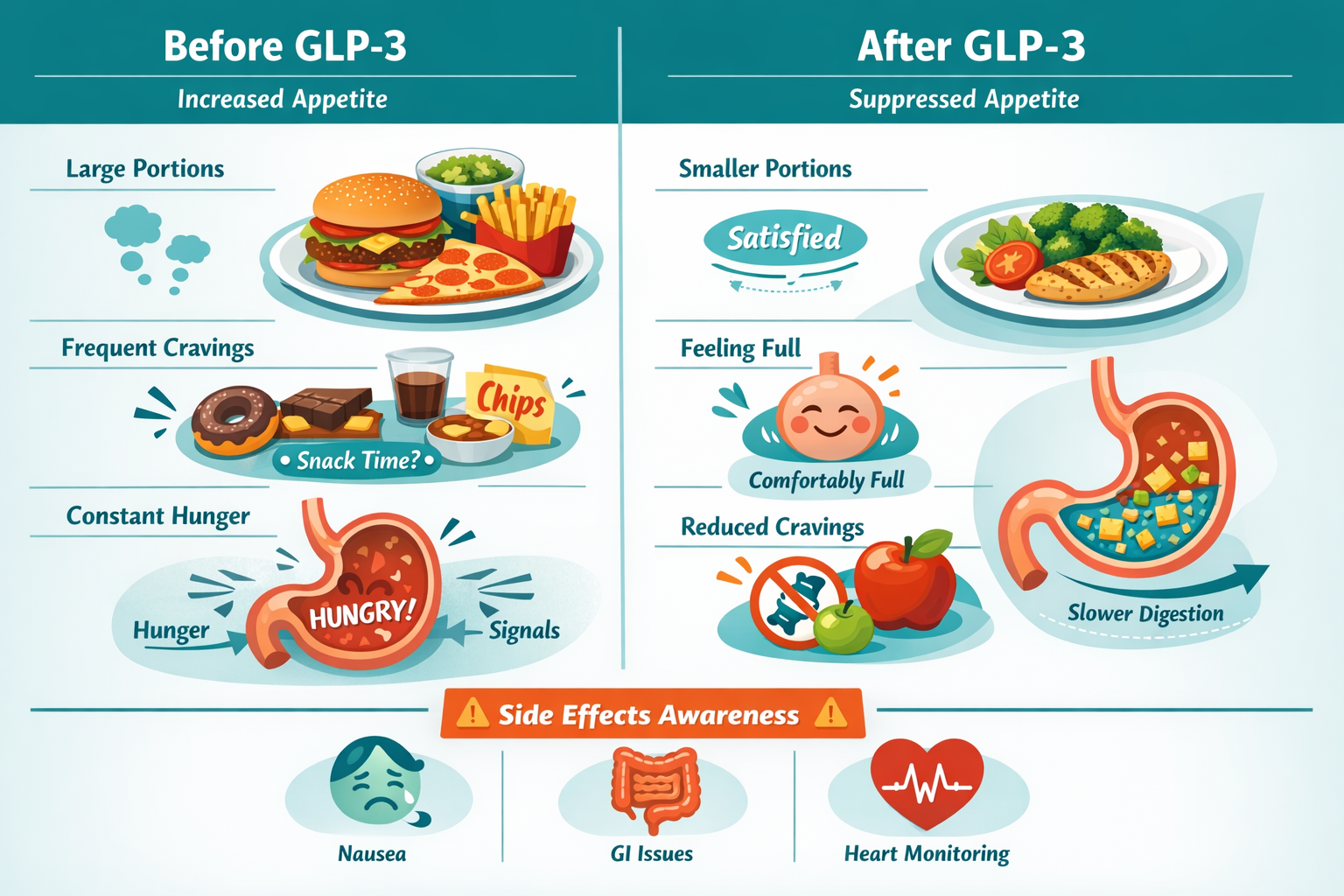 Detailed landscape format (1536x1024) split-screen composition illustrating real-world GLP-3 appetite suppression effects. Left panel shows 