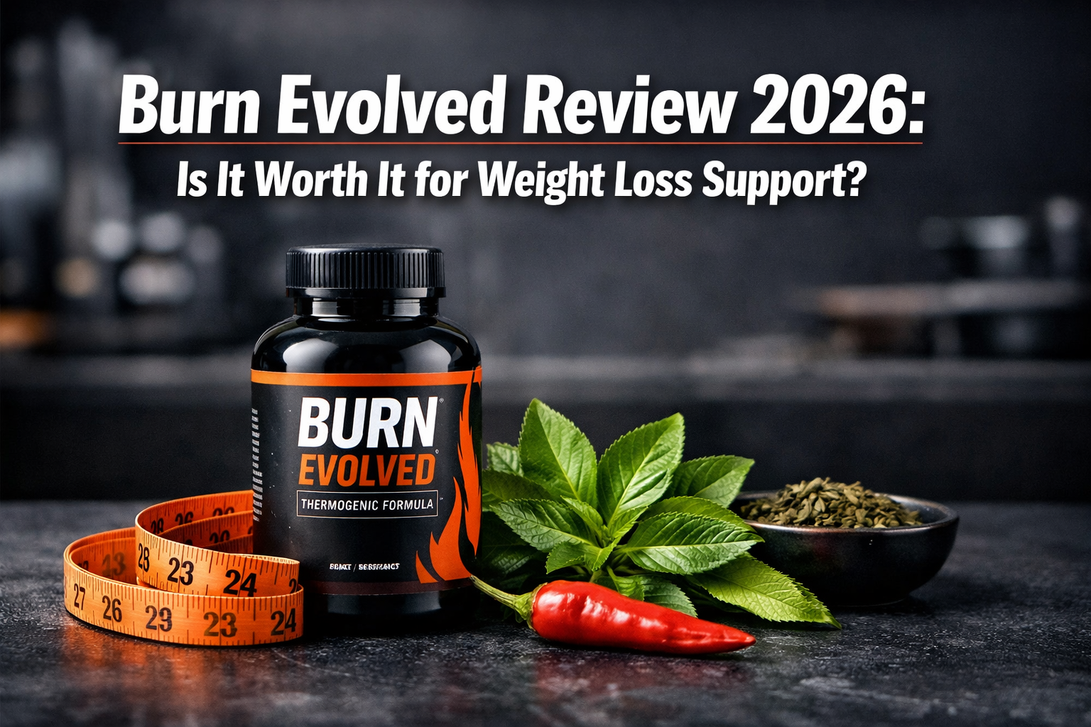 Professional () hero image with : 'Burn Evolved Review 2026: Is It Worth It for Weight Loss Support?' in extra large white