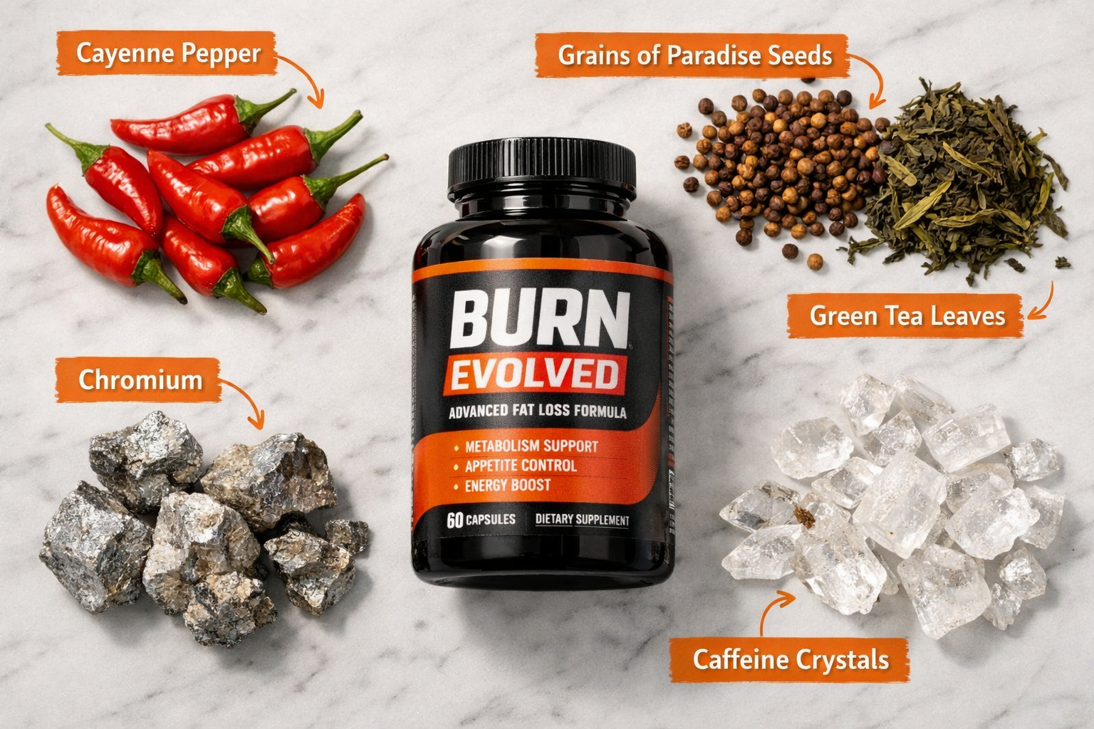 () detailed ingredient flat-lay composition showing Burn Evolved supplement bottle surrounded by its key ingredients: