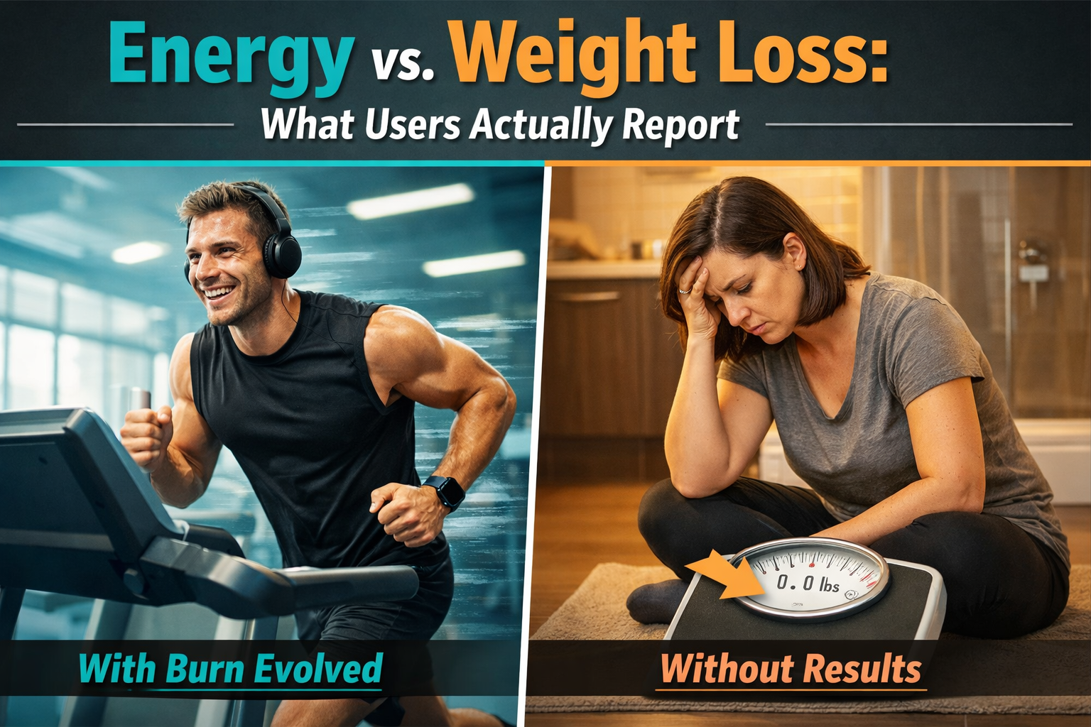 () split-panel comparison graphic showing two contrasting scenes side by side: left panel depicts an energetic adult at a