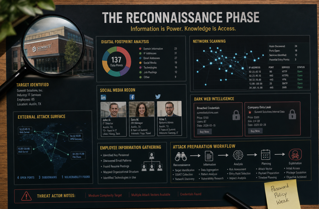 () infographic showing hacker reconnaissance phase with magnifying glass over small business building, digital footprint