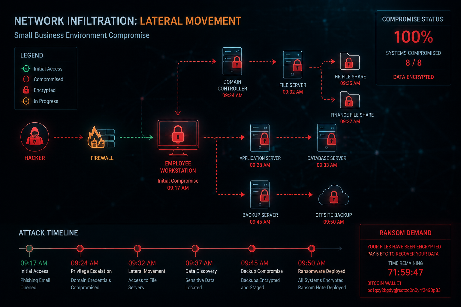 () network infiltration diagram showing hacker moving laterally through small business systems, compromised employee