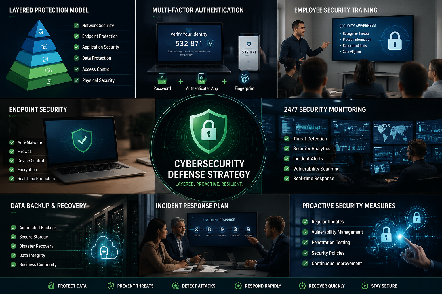 () comprehensive cybersecurity defense strategy illustration showing layered protection model, multi-factor authentication