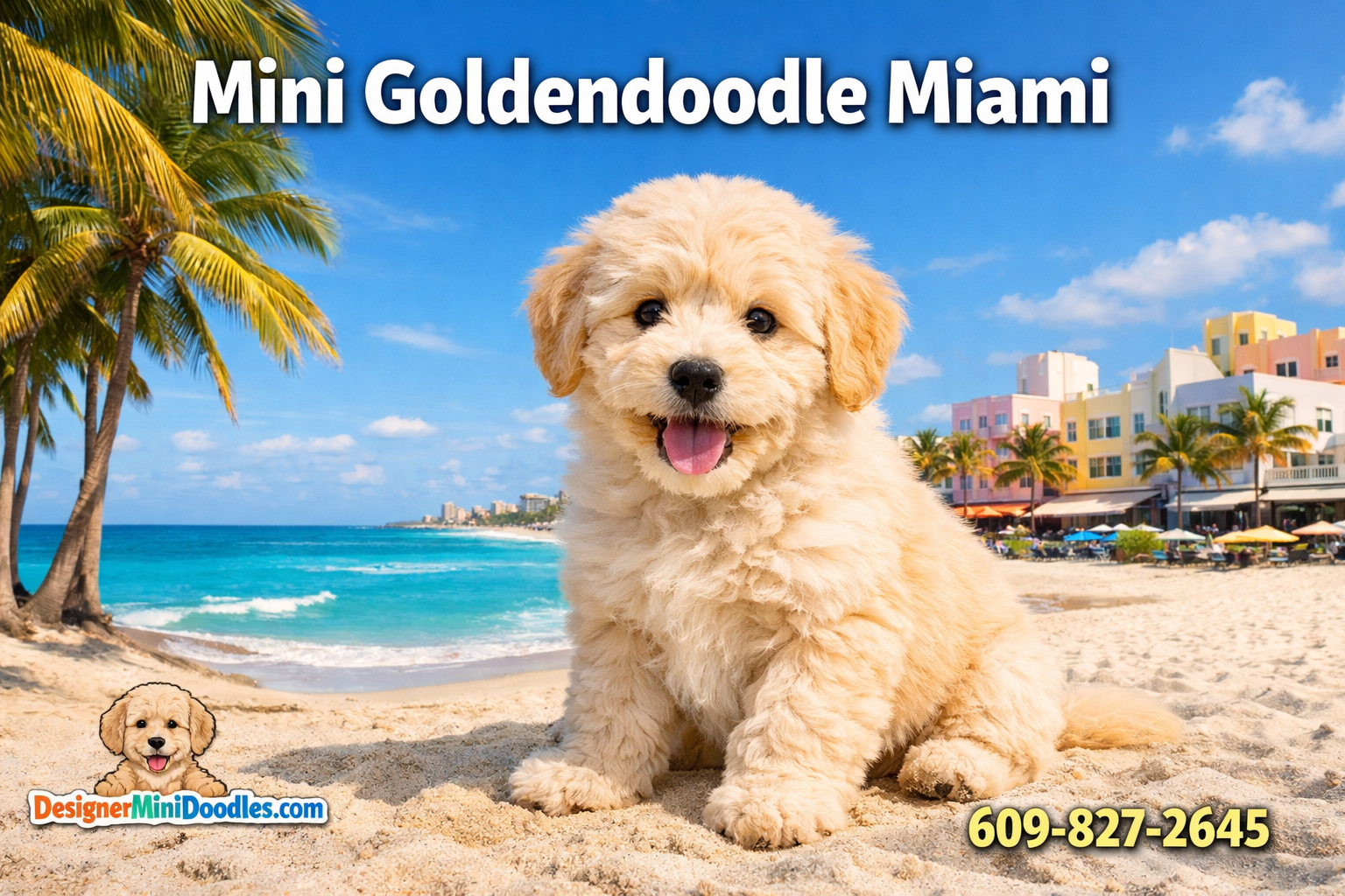Professional () hero image featuring 'Mini Goldendoodle Miami' in extra large white with dark effect, centered in upper