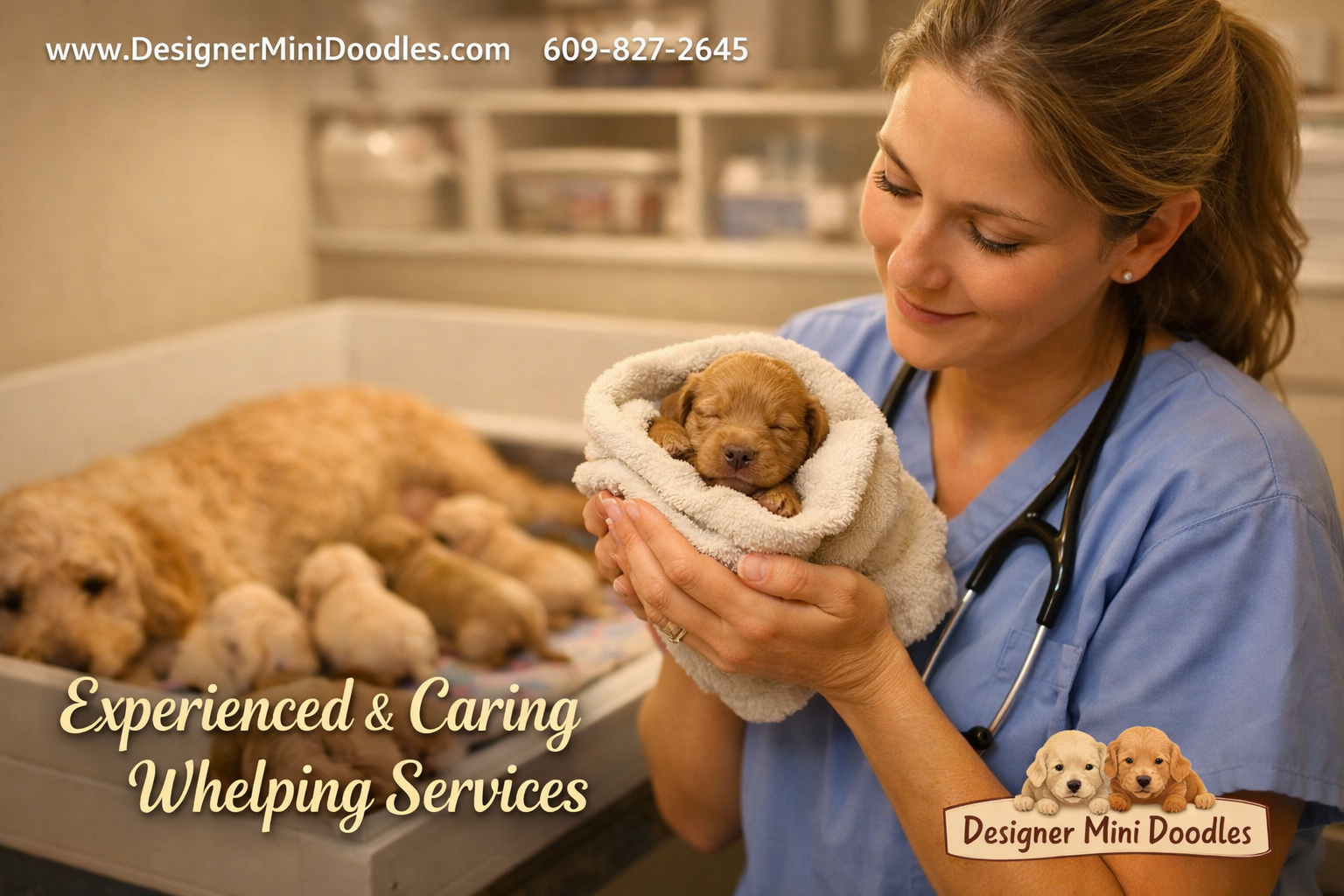 () warm photograph of a veterinary professional in a clean whelping room holding a tiny newborn goldendoodle puppy wrapped