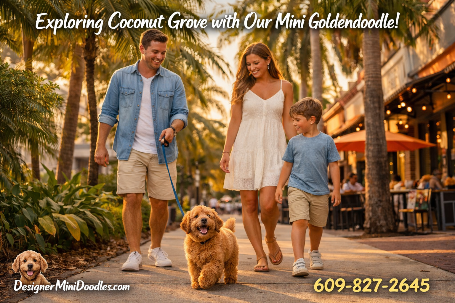 () vibrant lifestyle photograph of a young family walking a small apricot mini goldendoodle puppy on a leash along a