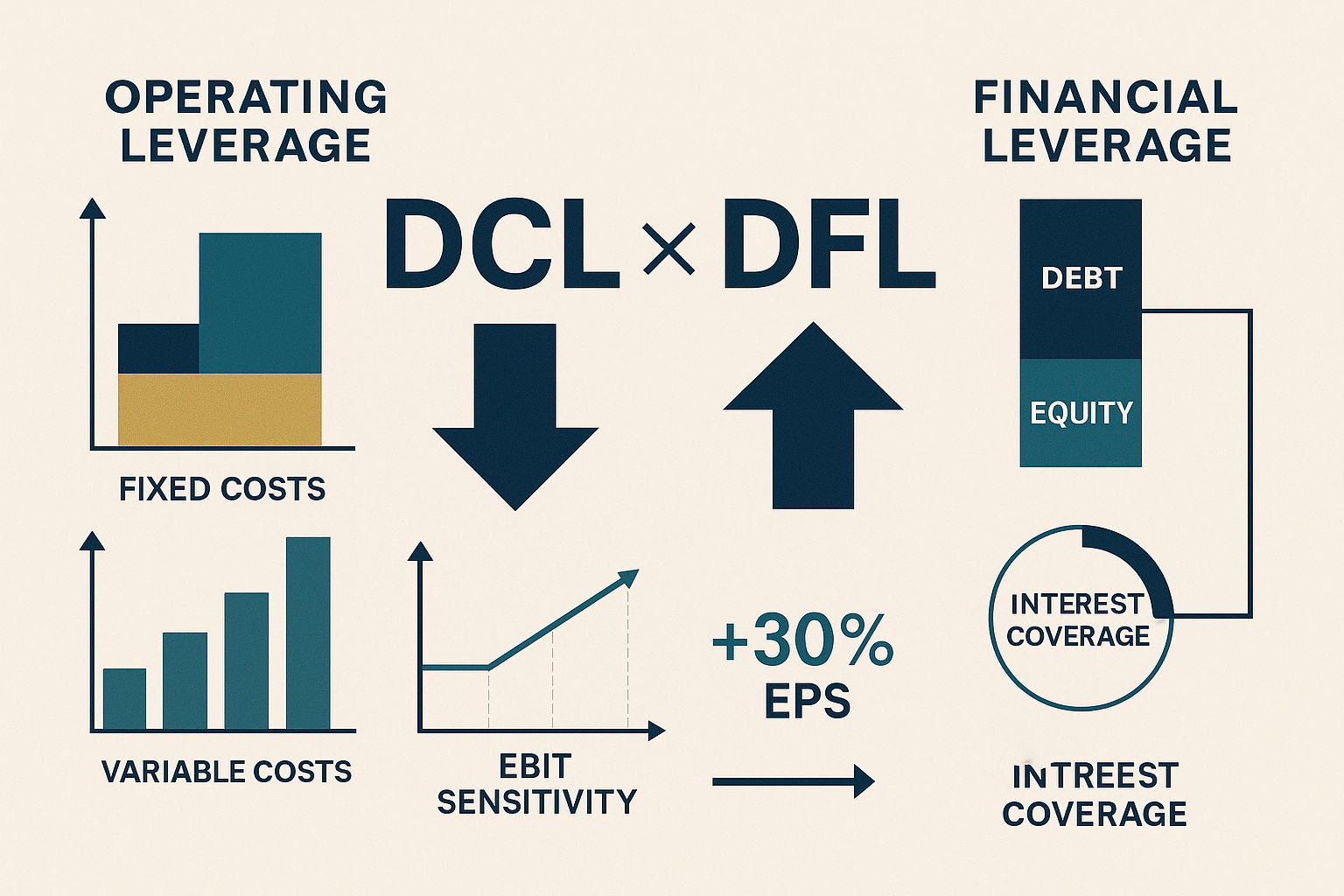 Detailed editorial illustration (1536x1024) showing the mathematical formula for combined leverage (DCL = DOL × DFL) as central focus with v