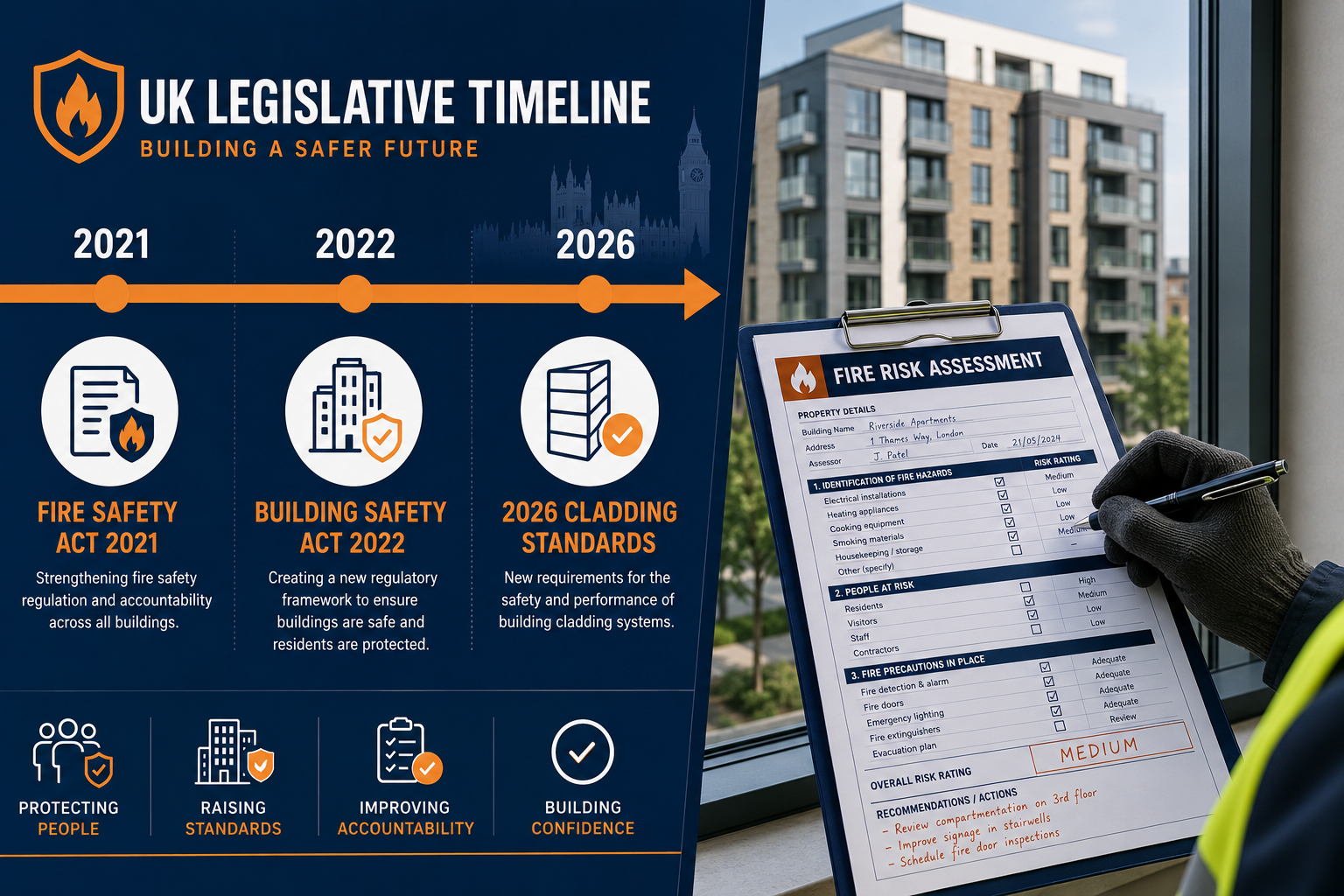 Wide aerial perspective () illustration showing a split-view infographic: left side displays a UK legislative timeline from