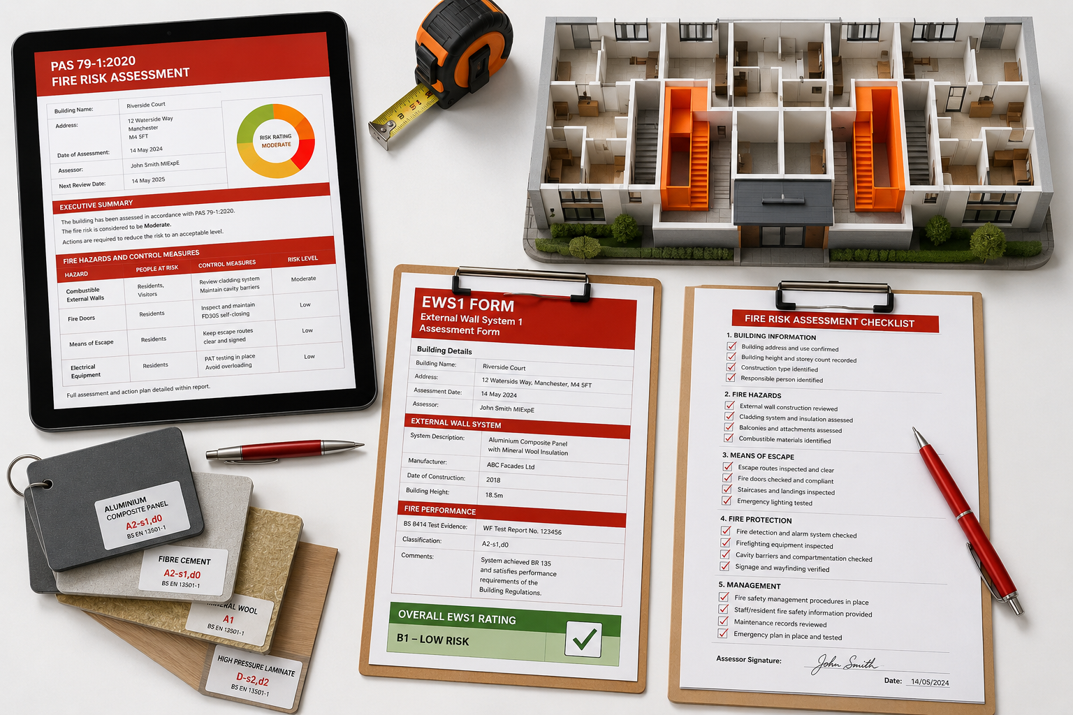 Overhead bird's-eye-view () photograph-style illustration of a surveyor's inspection toolkit spread on a white table: a