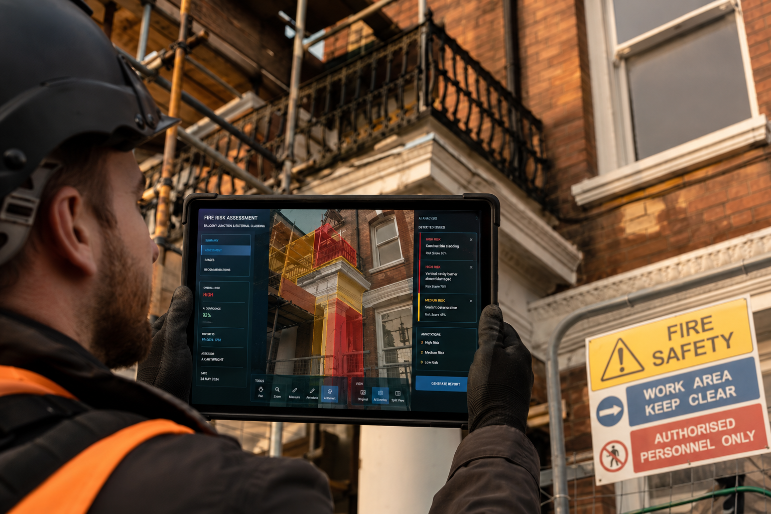 Close-up ground-level () scene showing a professional surveyor using a ruggedized tablet with AI-assisted defect detection
