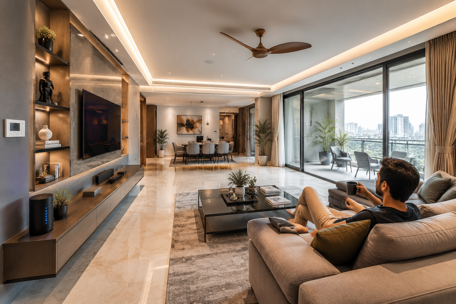 () image focusing on the interior of an upscale Golf Course Road Airbnb in Gurgaon. The scene depicts a spacious, fully