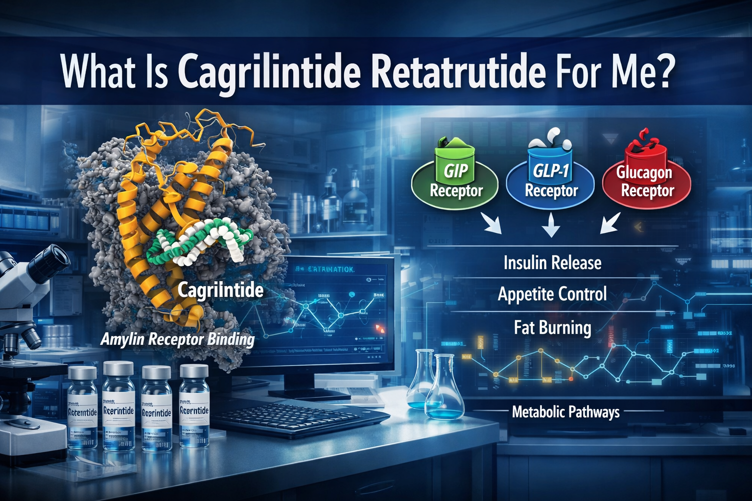 Professional landscape hero image (1536x1024) featuring bold text overlay 'What Is Cagrilintide Retatrutide For Me?' in extra large 70pt whi