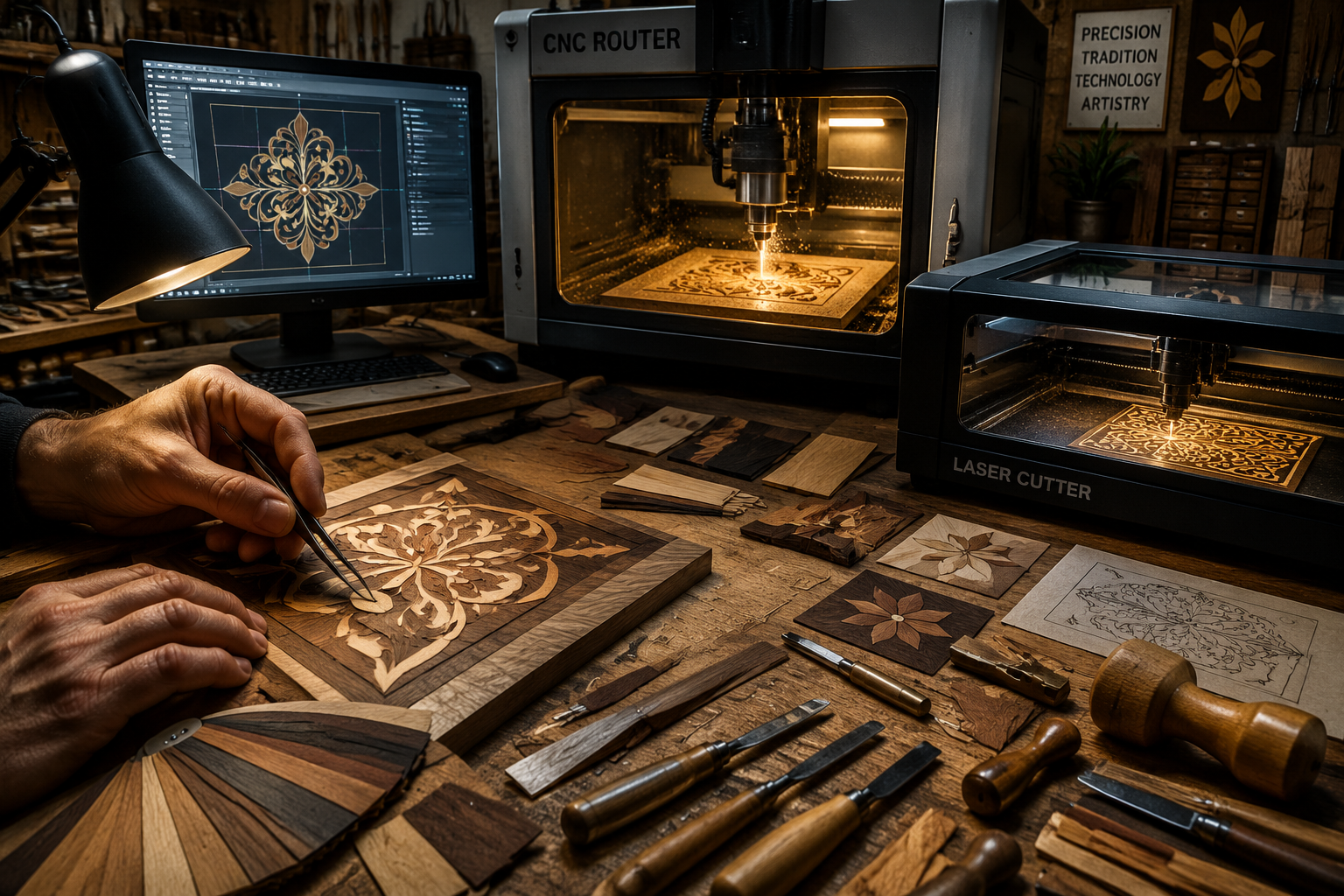 Detailed () image focusing on the convergence of traditional and modern tools for inlay. The foreground features a