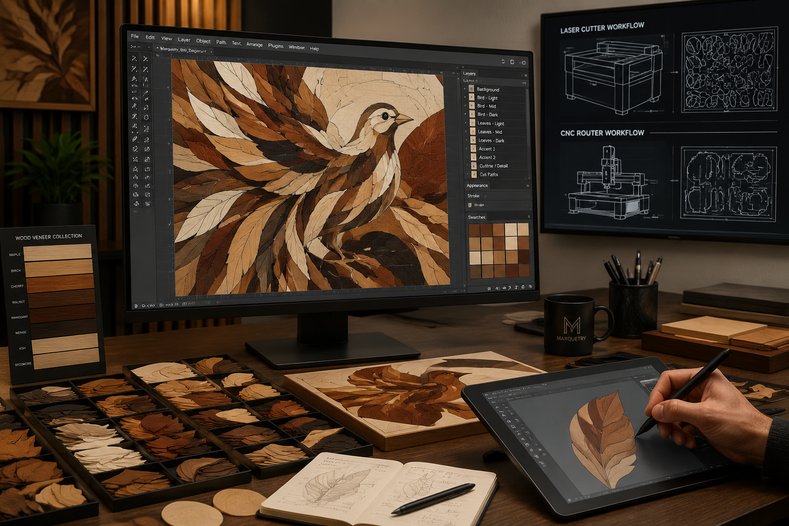 () image illustrating advanced software and design workflow for marquetry. A large, high-resolution monitor in the center