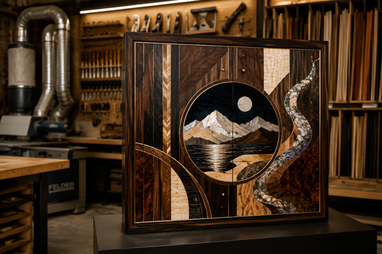 () image showcasing a finished, highly detailed piece of furniture adorned with intricate inlay and marquetry, possibly a