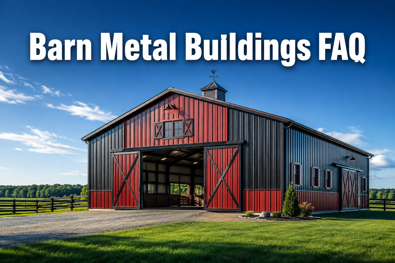 Professional () hero image with : 'Barn Metal Buildings FAQ' in extra large white with dark drop , centered in upper third