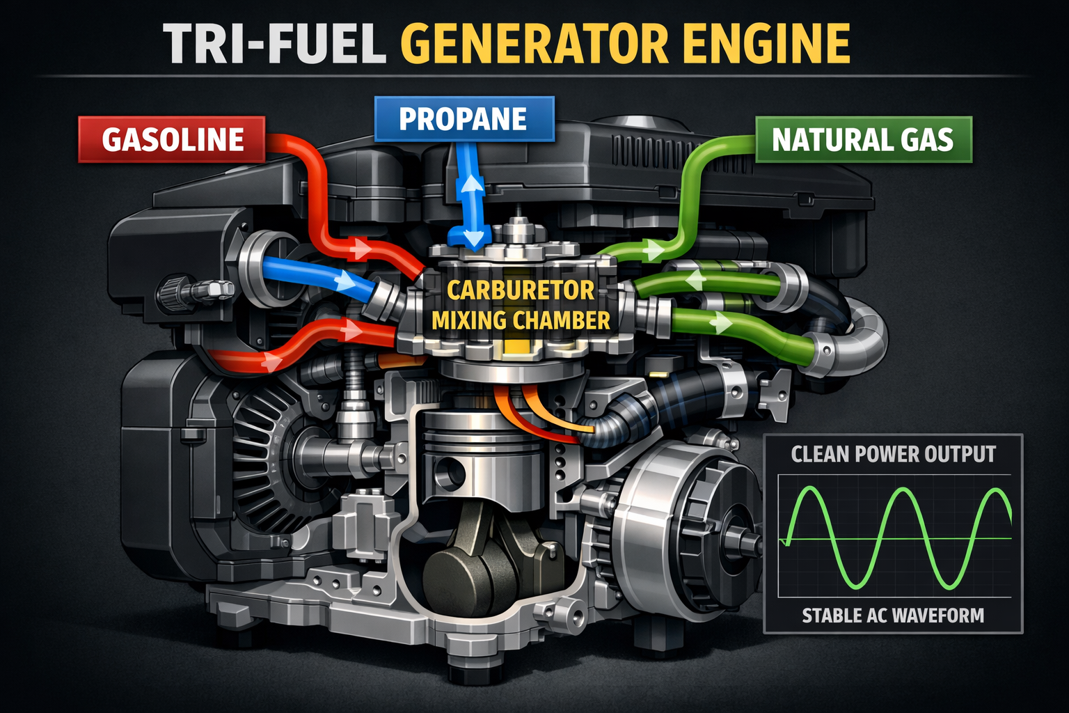 Cutaway diagram of a tri fuel generator engine showing three labeled fuel input lines for gasoline, propane, and natural gas