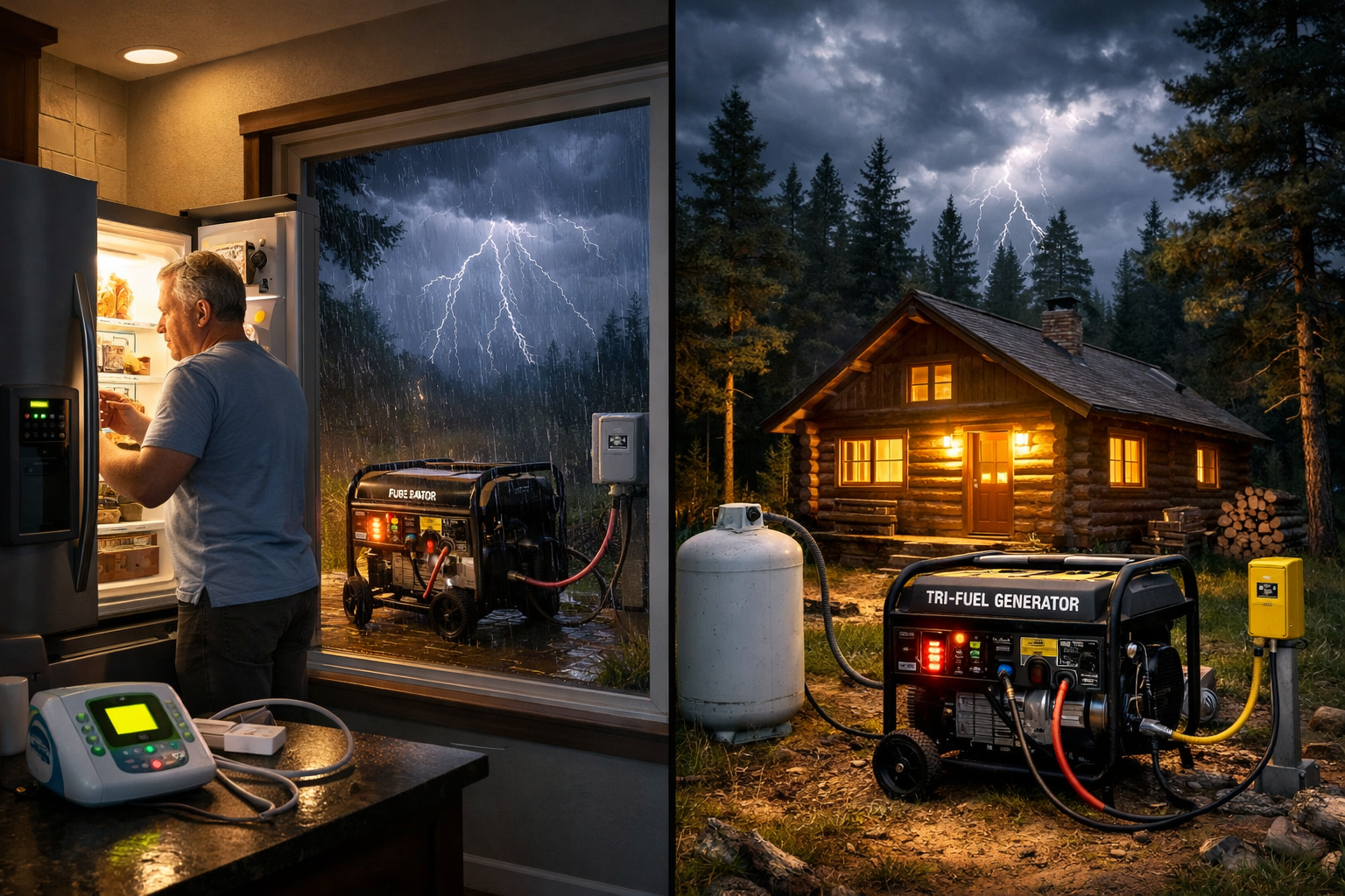 Split scene comparison showing a homeowner with power during a storm on one side and a dark house without power on the other