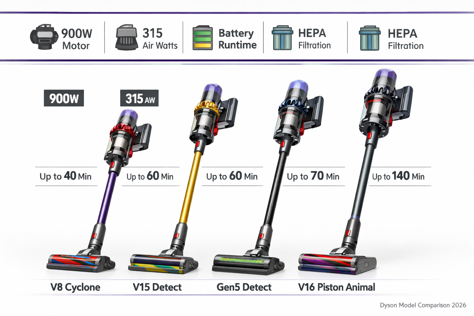 editorial infographic image showing a side-by-side technical breakdown of Dyson cordless vacuum models — V8 Cyclone, V15 Detect, Gen5 Detect, and V16 Piston Animal — arranged left to right with labeled callouts highlighting motor wattage (900W), air watts (315AW), battery runtime bars (60–140 min), and HEPA filtration icons. Clean white background with Dyson purple and silver accent lines, bold sans-serif labels, performance comparison chart style, professional product photography aesthetic, 'Dyson Model Comparison 2026' subtle text watermark bottom right.