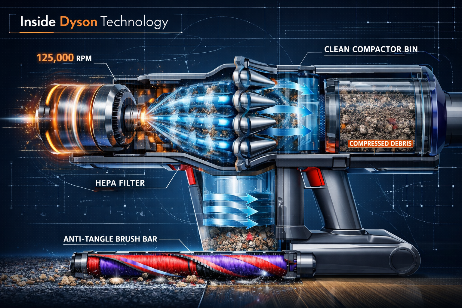 concept illustration showing a cross-section cutaway of a Dyson cordless vacuum cleaner revealing internal components: digital Hyperdymium motor spinning at 125,000 RPM with motion blur effect, cyclonic separation chambers with particle flow arrows, HEPA filtration layers shown in translucent blue, Clean Compactor bin with compressed debris visualization, and anti-tangle conical brush bar at floor level. Background is dark navy gradient with glowing technical diagram lines, engineering blueprint aesthetic, orange and white accent highlights, 'Inside Dyson Technology' label in upper left corner, ultra-detailed, editorial quality.