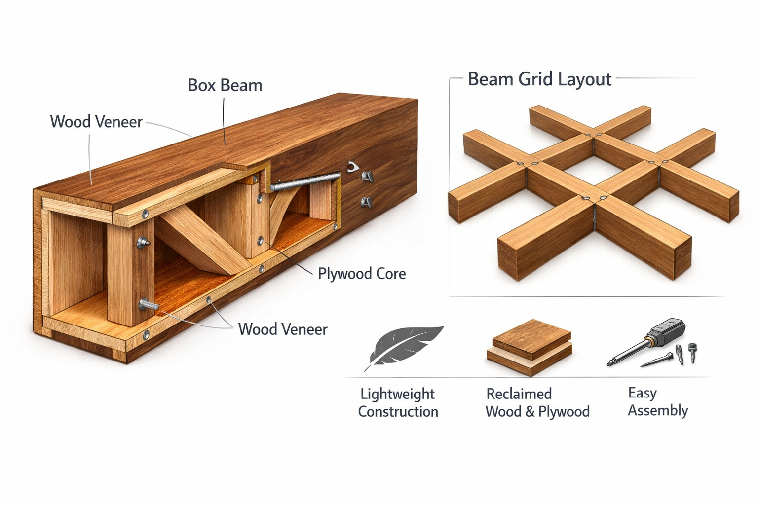 Landscape format (1536x1024) image illustrating a detailed cross-section of a box beam construction with internal bracing, overlaid with a d