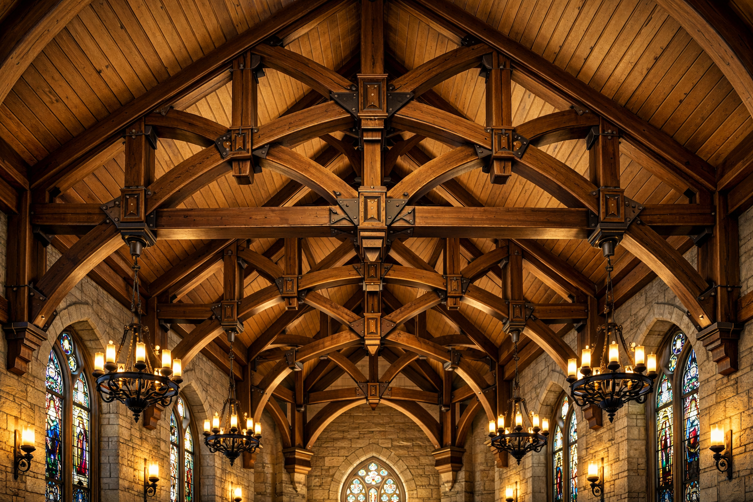Landscape format (1536x1024) image showcasing a vaulted cathedral ceiling with a prominent, visually impactful exposed truss system fabricat