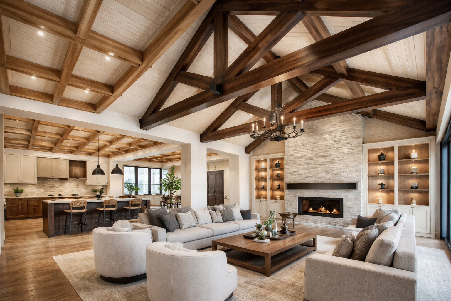 Landscape format (1536x1024) image depicting an interior space with a blend of grid, truss, and cathedral ceiling elements, all expertly exe