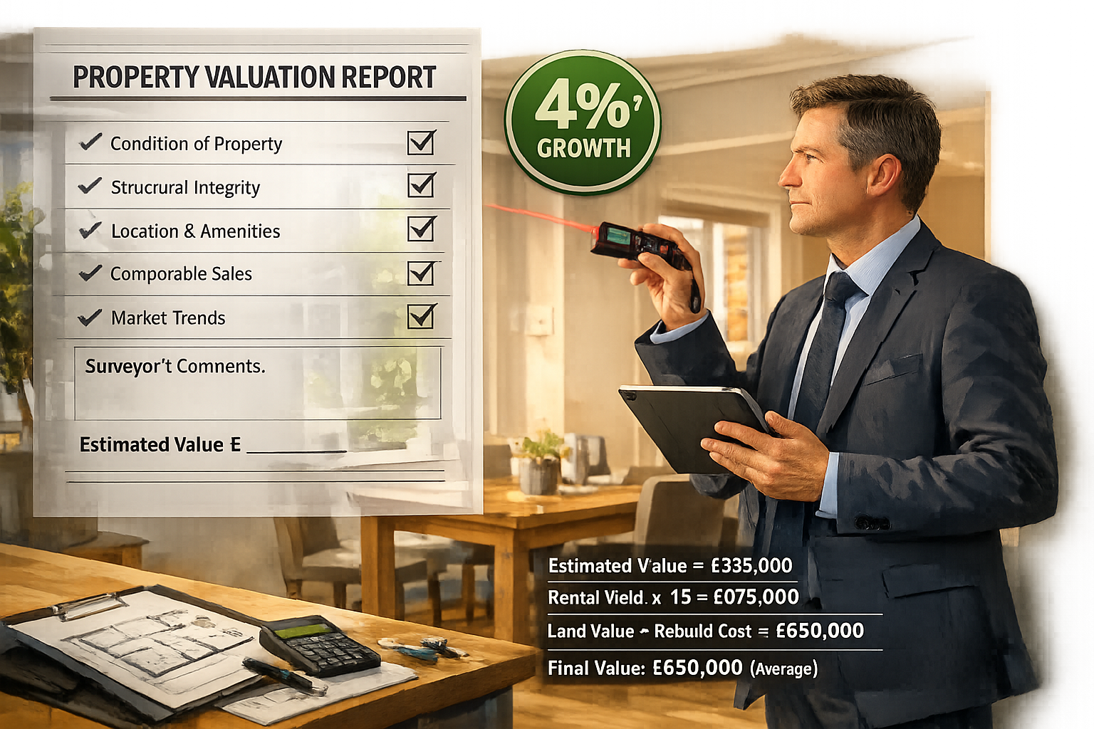 () illustration of chartered surveyor conducting property valuation inside modern UK home, background showing residential