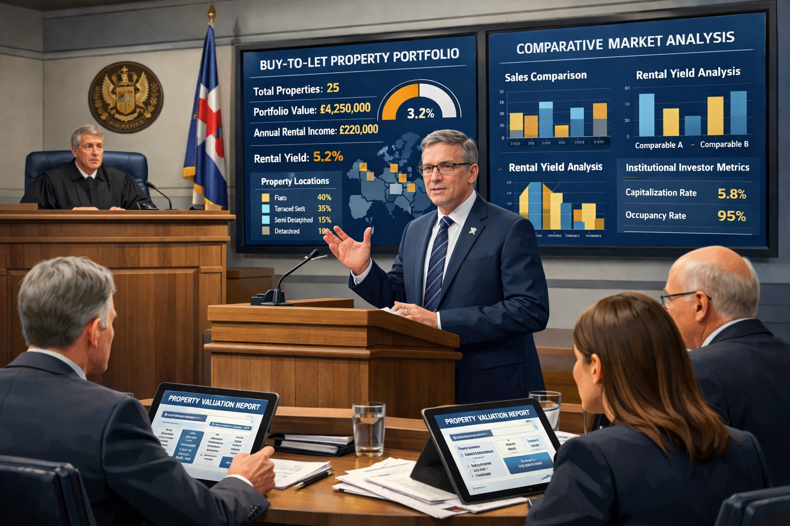 Detailed () illustration showing expert witness testimony scene in modern tribunal setting, comparative market analysis