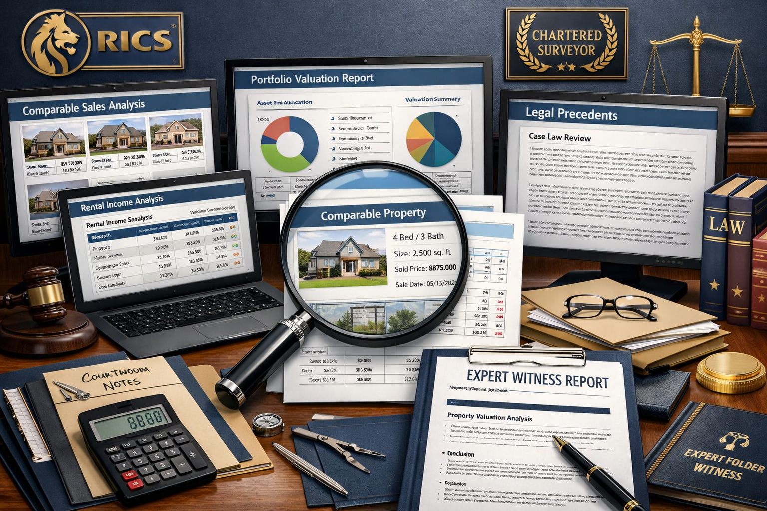 Detailed () conceptual illustration of RICS expert witness preparing comprehensive valuation dispute documentation, showing