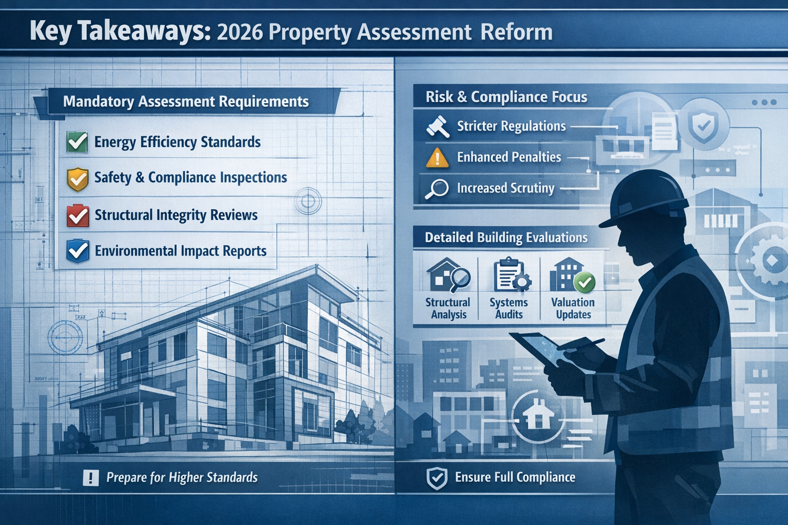 Key Takeaways section infographic: Split-screen editorial design showcasing 2026 Property Assessment Reform highlights. Left