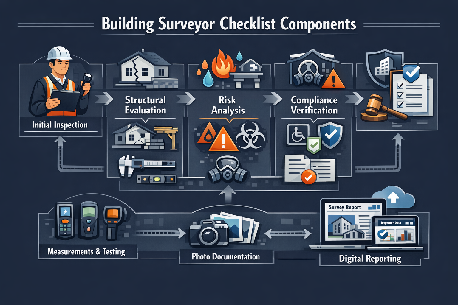 Building Surveyor Checklist Components illustration: Comprehensive workflow diagram depicting mandatory property condition