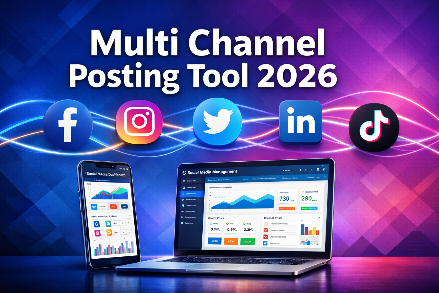 Professional landscape format (1536x1024) hero image featuring bold text overlay 'Multi Channel Posting Tool 2026' in extra large 72pt white - Multi Channel Posting Tool 1 Professional landscape format (1536x1024) hero image featuring bold text overlay 'Multi Channel Posting Tool 2026' in extra large 72pt white