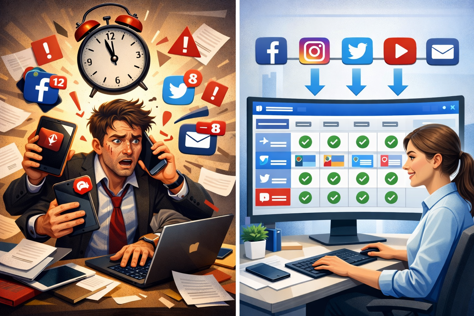 Detailed landscape format (1536x1024) image showing split-screen comparison of chaotic manual posting versus streamlined multi-channel autom - Multi Channel Posting Tool 2 Detailed landscape format (1536x1024) image showing split-screen comparison of chaotic manual posting versus streamlined multi-channel autom