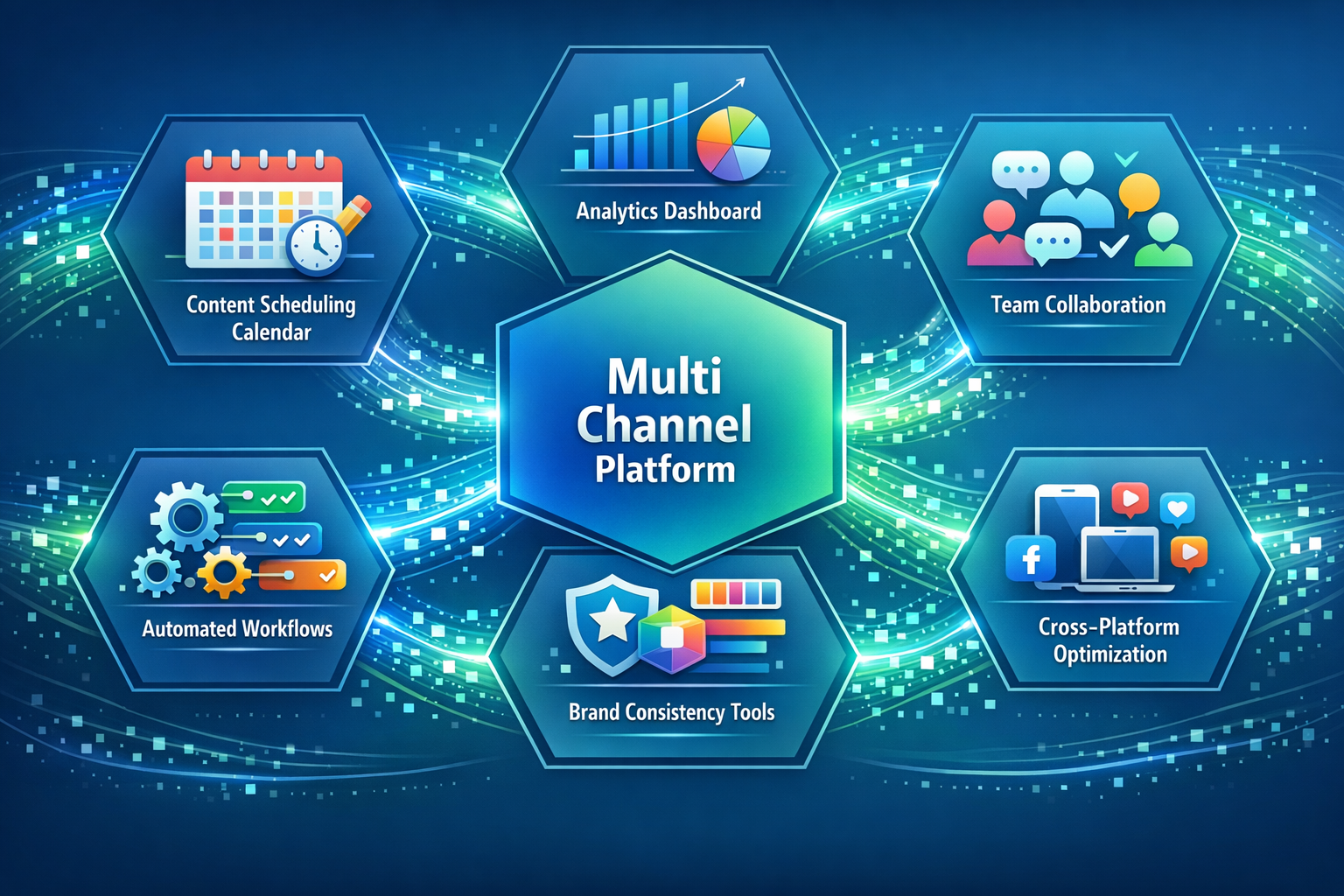 Professional landscape format (1536x1024) infographic showcasing key multi-channel posting tool features in hexagonal layout. Central hub la - Multi Channel Posting Tool 3 Professional landscape format (1536x1024) infographic showcasing key multi-channel posting tool features in hexagonal layout. Central hub la